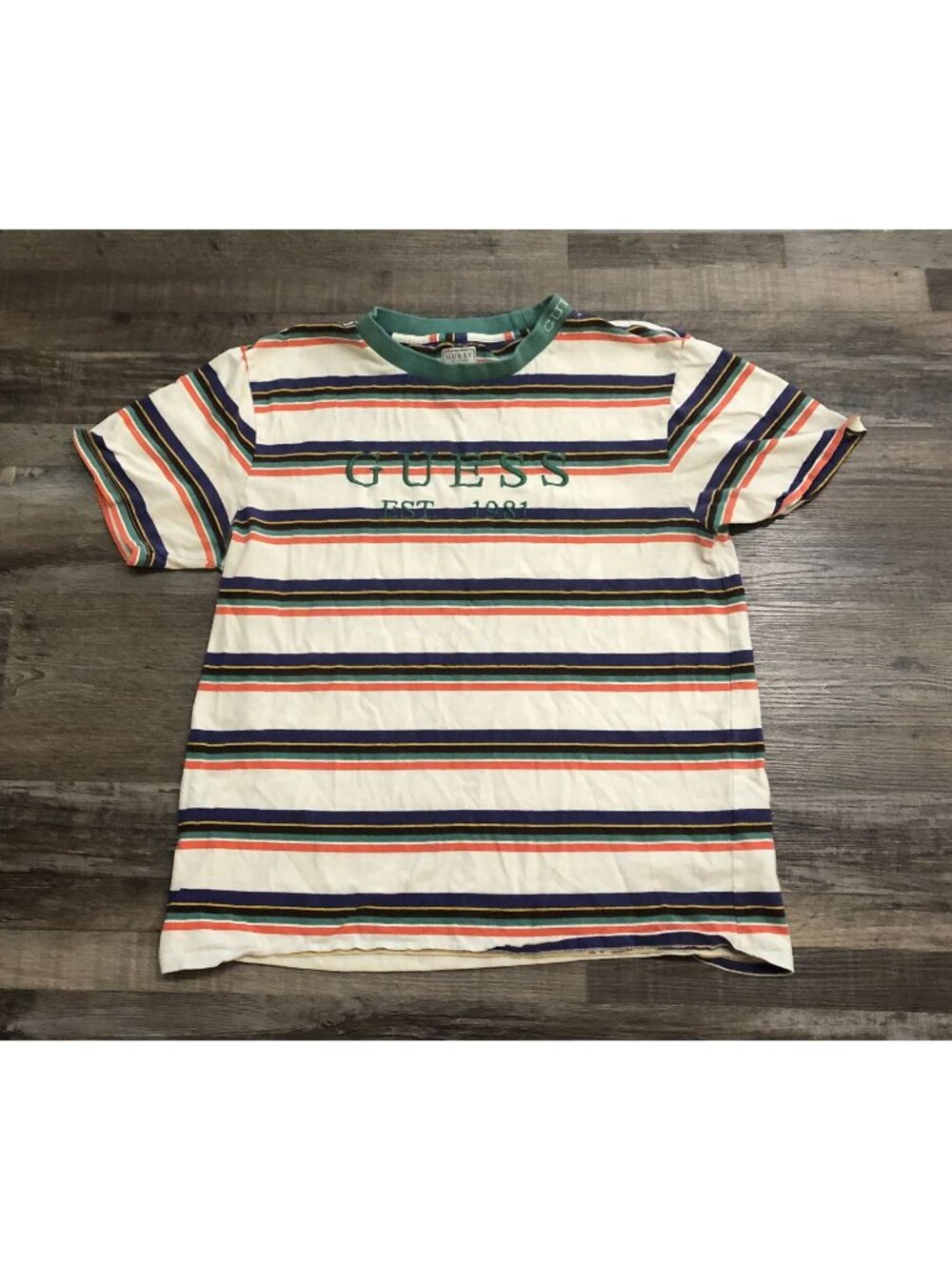 Guess 1981 Retro Multicolor Embroidered Logo Striped T Shirt Mens Medium Vtg 90s
